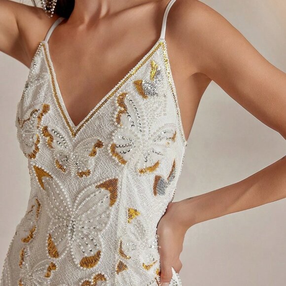 White Party Women's Sexy Sleeveless Embroidered Floral Dress - Picture 2 of 7